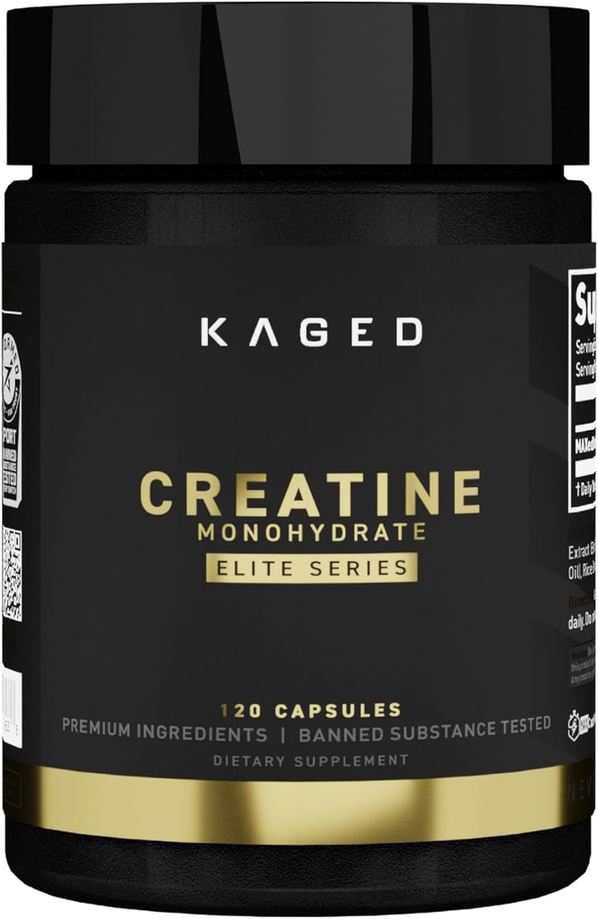 Kaged CREATINE MONOHYDRATE Elite Capsules Desflavored Muscle Recovery and Growth Supplement for Men ' Women, Vegan, Easily Digestible, Gluten Free, No Sugar Añadido