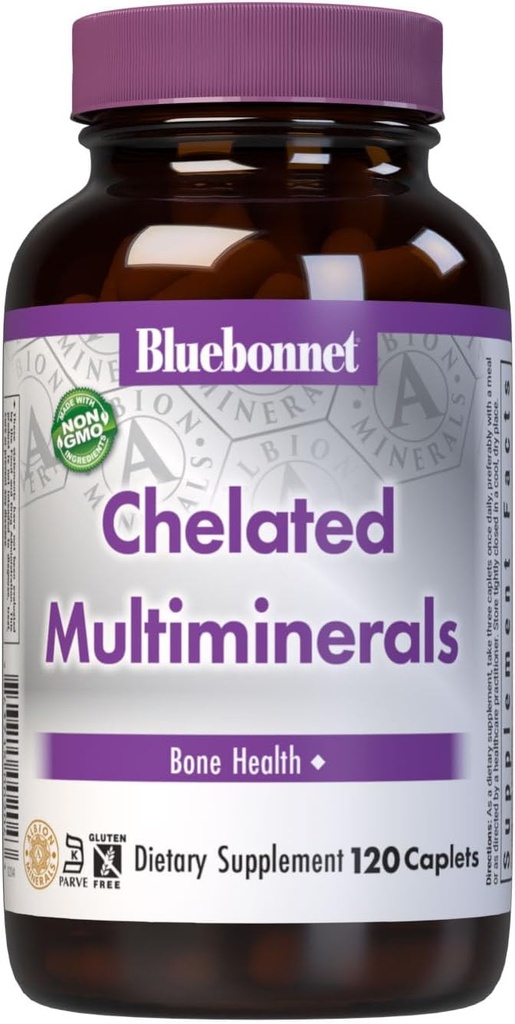 Bluebonnet Nutrition High Potency Chelated Multiminerals, Albion Chelated Minerals, Soy-Free, Gluten-Free, Non-GMO, Kosher Certified, Dairy-Free, 120 Caplets, 40 Servings