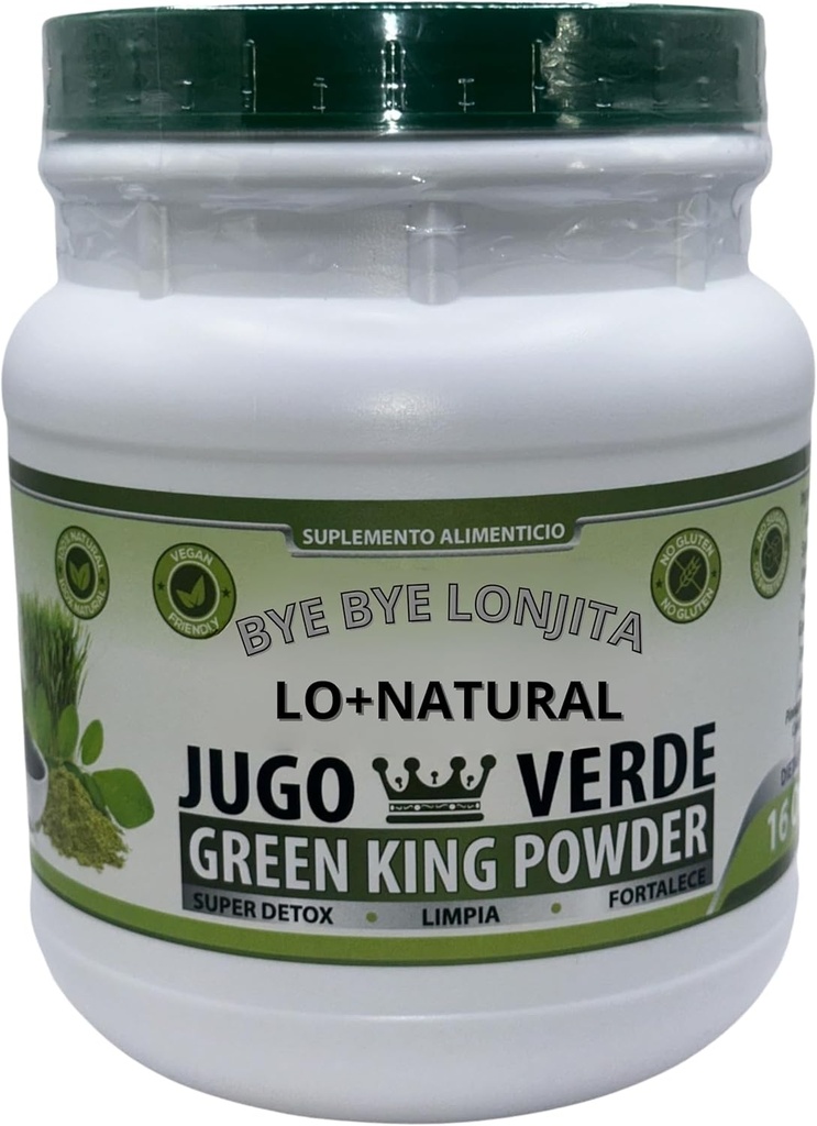 JUGO Verde (Green King Powder) Super Detox 16 oz Suplemento dietético 100% natural, vegano, sin gluten, sin azúcares Adiós LONJITA Green Tea, Moringa, Spinach y Más fibra