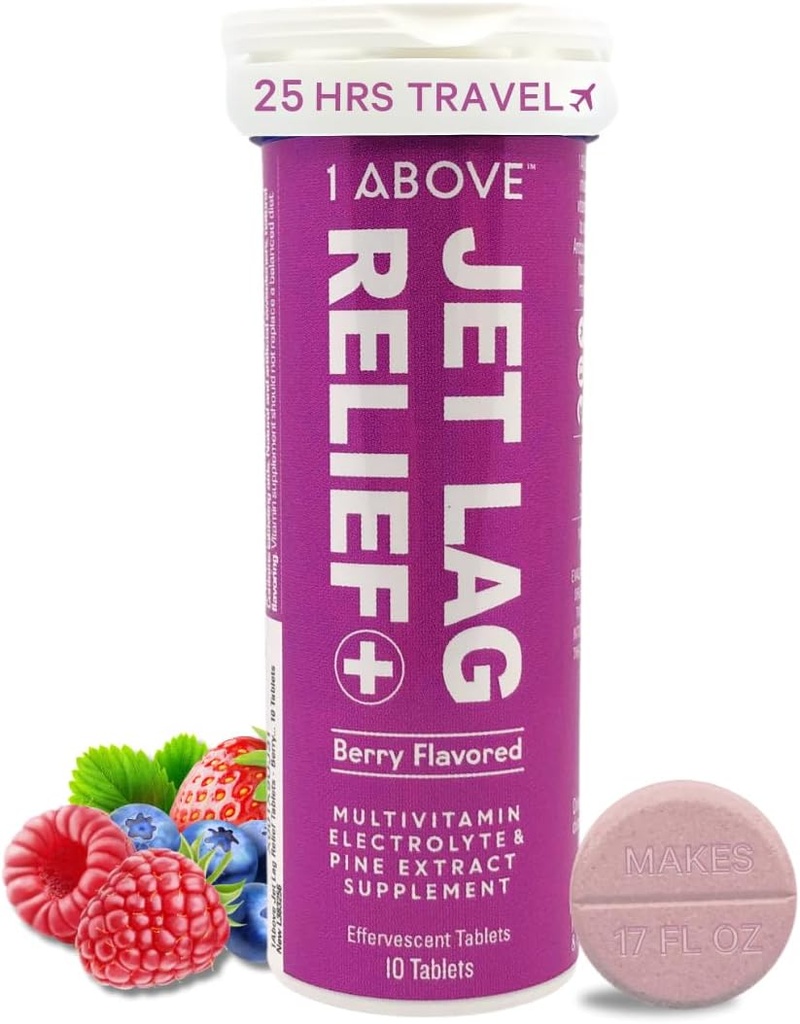 1Above Jet Lag Relief Tablets - Berry-Flavored Effervescent Multivitamin with Pycnogenol Travel Supplement for Hydration, Energy, Immune Support and Faster Recovery - Flight Essential, 10 Tablets