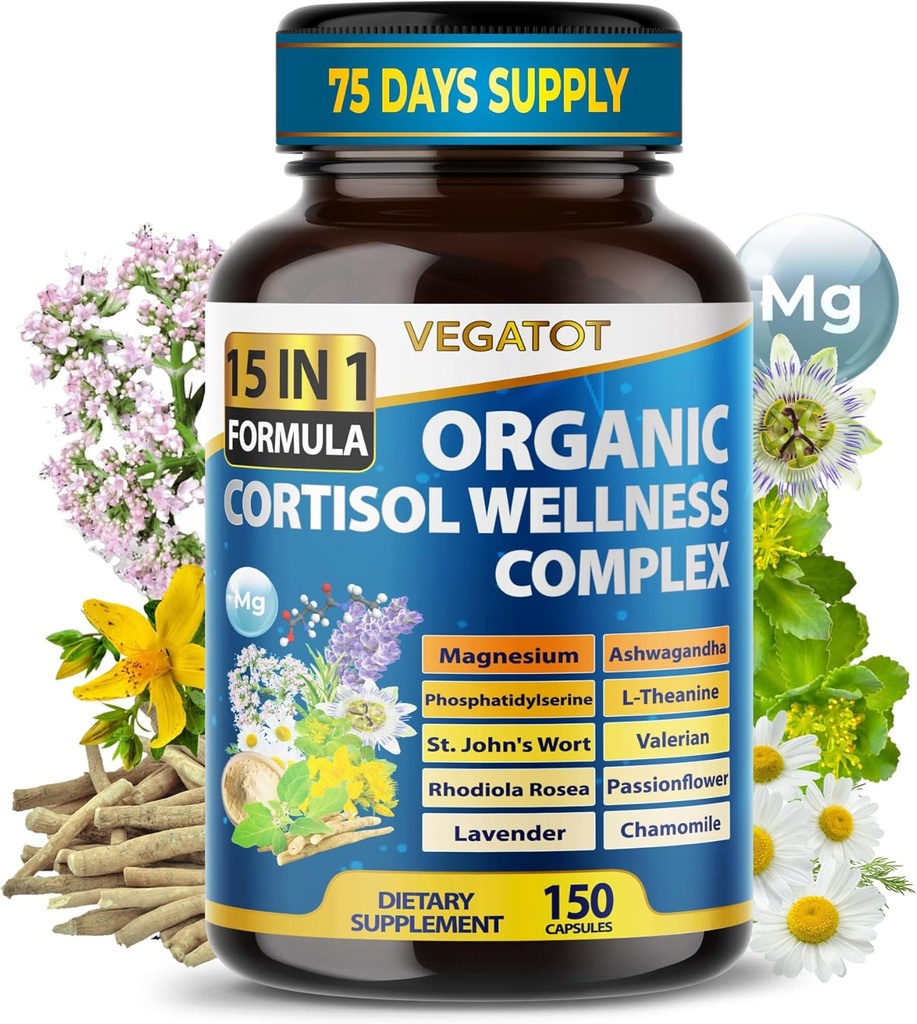 VEGATOT Organic Cortisol Wellness Complex 15-in-1 Fórmula con Magnesium Ashwagandha St. John's Wort Valerian Rhodiola Rosea Passionflower Chamomile