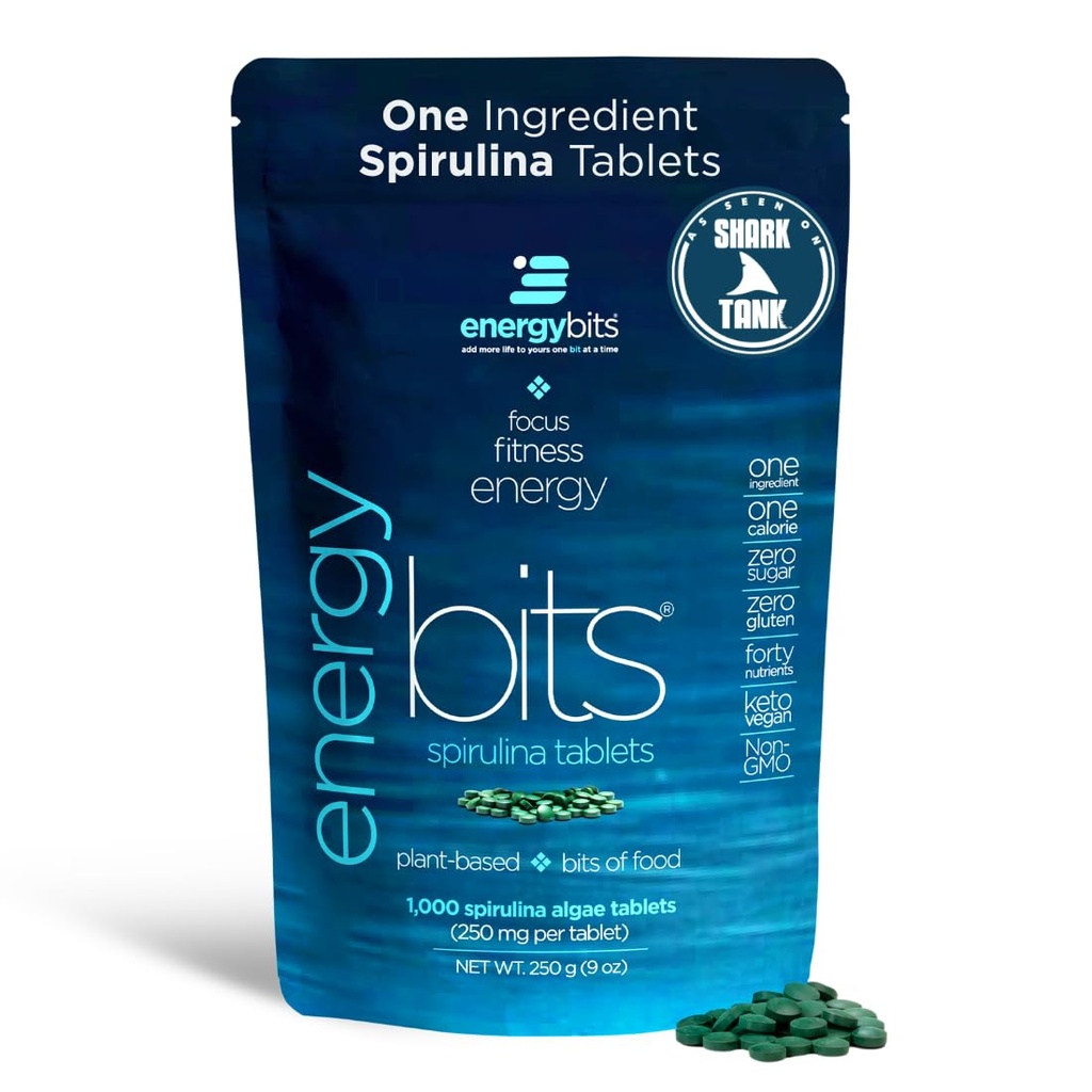 ENERGYBITS - Organic Spirulina Tablets - Plant-Based Algae Superfood - for Focus, Fitness, Energy - Plant Protein - Gluten Free - Collagen, Vitamin B12, Omega 3 - Keto & Vegan - 1000 Algae Tablets