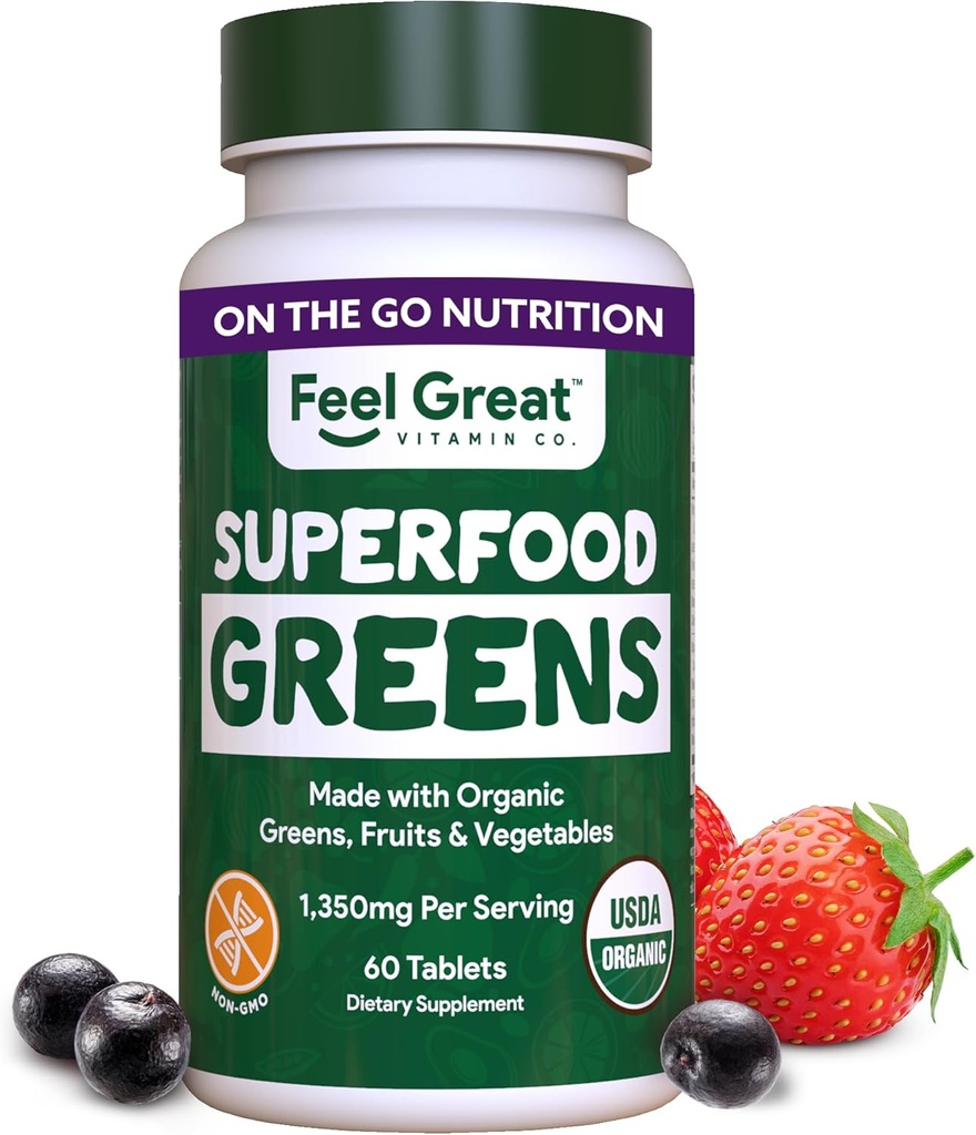 Siente Grandes Vitaminas Super Verdes Tablets ← Verdes Orgánicas, Frutas y verduras Suplemento vivir Frutas y verduras Suplemento con Kale, Extracto de Espinacas, cebolla verde, y Más, 60 Tabletas