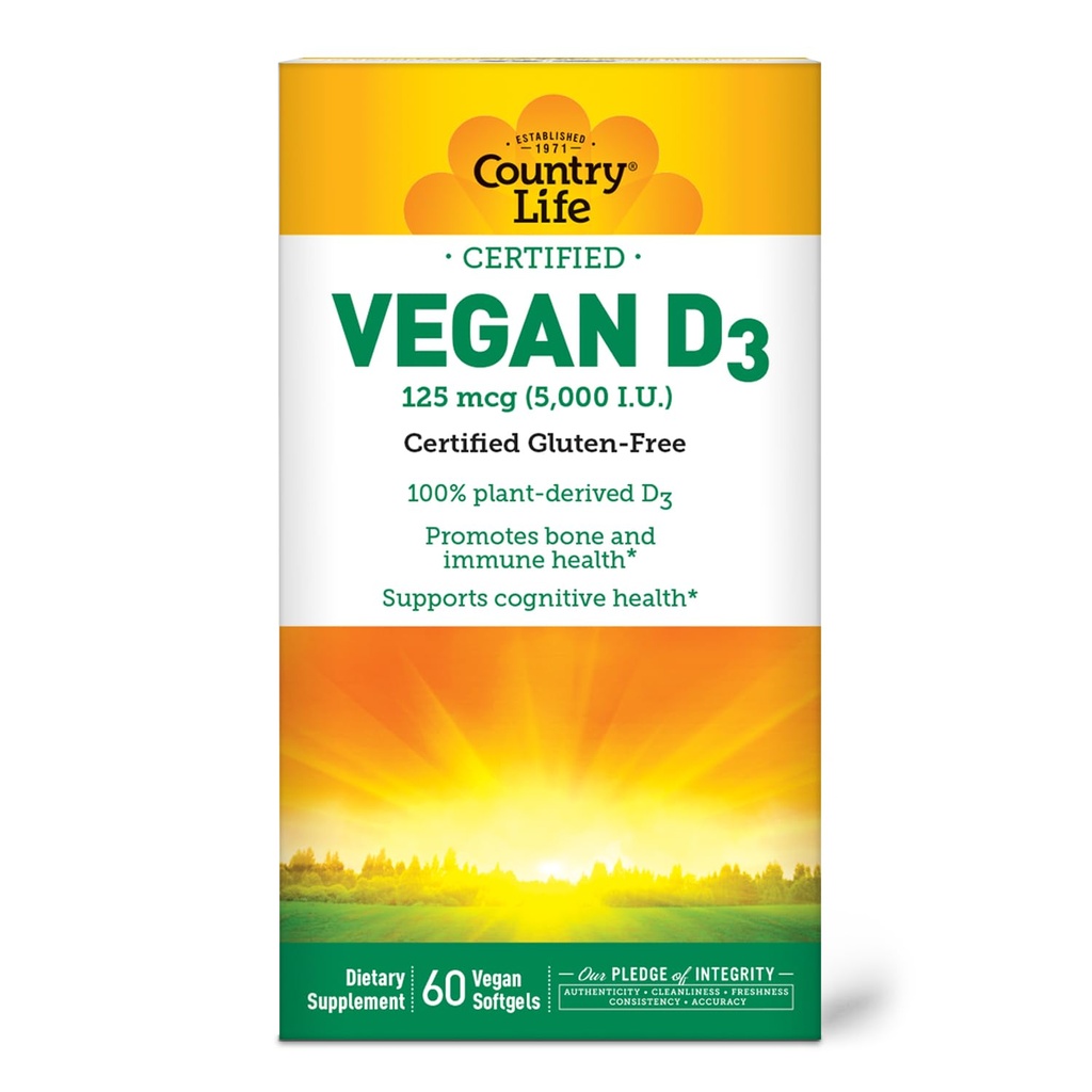Country Life Vegan D3 5000 UI – Vitamina D3 de Lichen – High Potency Immune & Bone Support – Certified Vegan, Gluten-Free, Non-GMO – 60 Softgels