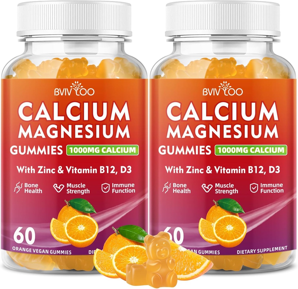 2 Pack Calcio Gummies 1000mg con vitamina D3 K2 & B Complejo, Potasio, Calcio Magnesio Zinc Gummies for Bone, Muscle, Mood and Immunity - Orange Flavor 120 Gummies