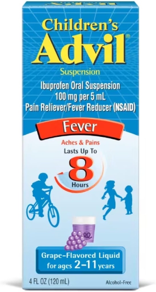 Suspensión Advil de los niños Ibuprofeno 100mg Alimentador rápido de dolor y Reductor de fiebre Dura hasta 8 horas Grape Flavor Liquid for Ages 2 a 11 Años - 3 Pack of 4 FL Oz Bottles