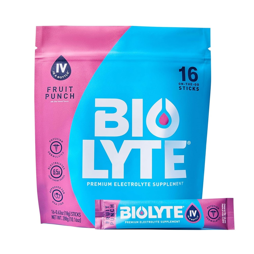 BIOLYTE IV Electrolyte Powder Packets, IV Liquid Drink Mix for Water, Doctor-Developed Hydration, HSA & FSA Aprobado Dehydration Relief, Chemotherapy Must Haves for Women, Men- Fruit Punch (16 Sticks)
