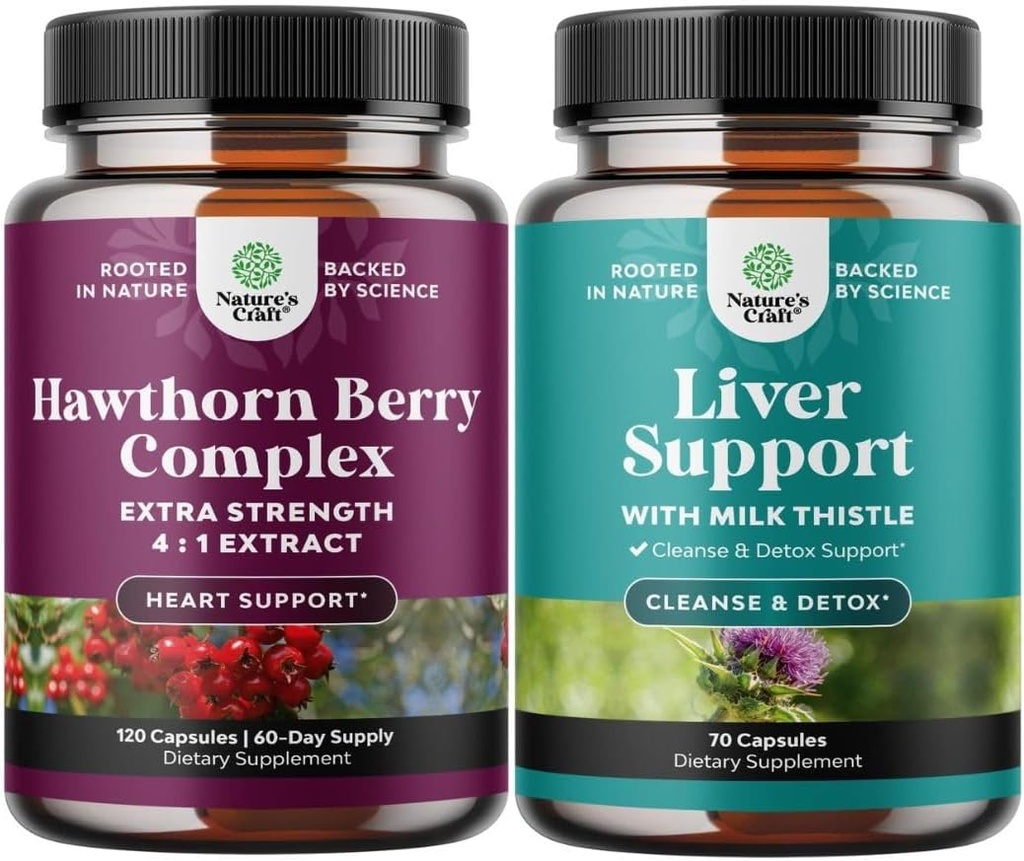 Natures Craft Bundle of Extra Strength Hawthorn Berry Capsules - Heart Health Supplement and Liver Cleanse Detox " Repair Formula - Herbal Liver Support Supplement