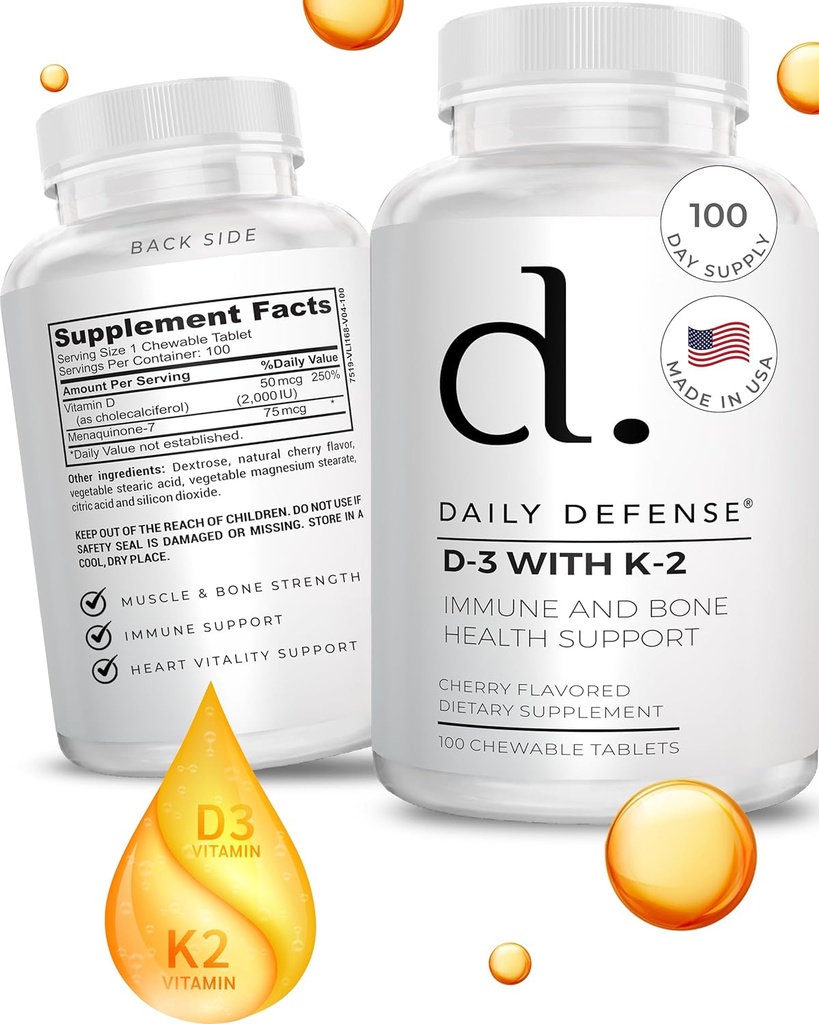 Suplementos de Defensa Inmunitaria Vitamina D3 K2 2000IU para la salud cardíaca, soporte diario inmunitario, claridad mental, función muscular - 100 Tabletas Chewable