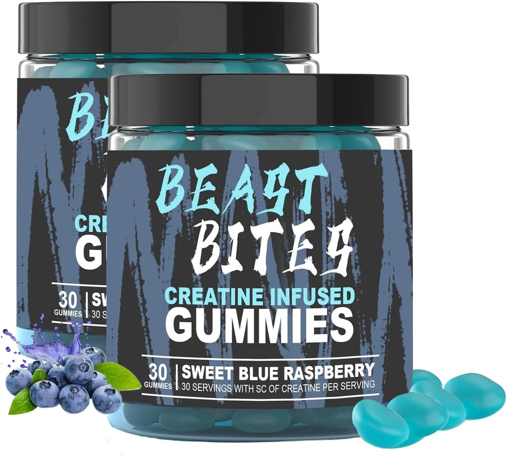 DYALE Beast Bites Creatine Bites - 5g Creatine Monohydrate Por Serving - No Sugar o Colores Artificiales - Bajo-Calorie, Vegan & Halal - Blue Raspberry Flavor - 30 Gummies (2pcs)