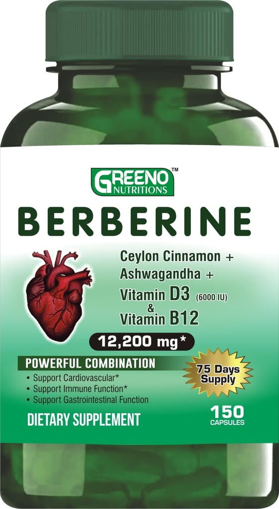 Berberine 12200mg with Ceylon Cinnamon Ashwagandha Vitamin D13 + Vitamin B12 Immune Heart Support - 75 Days Supply -150 Count (Pack of 1)