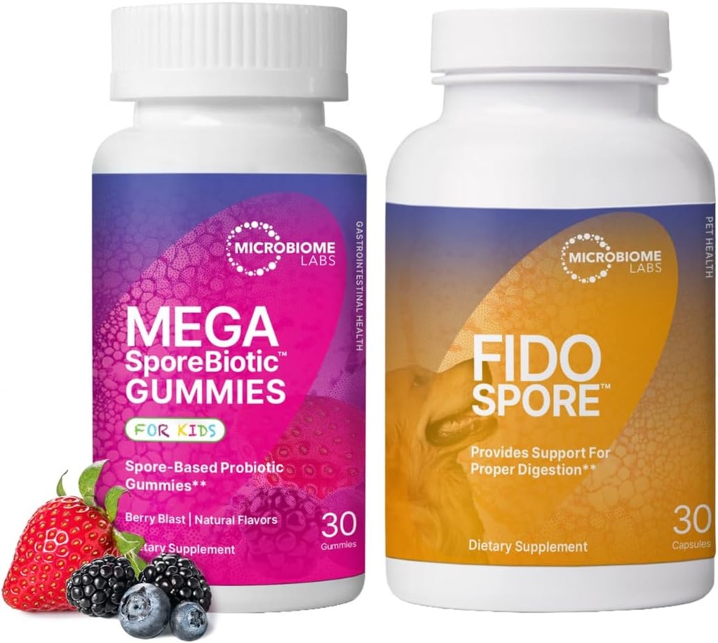 Microbiome Labs Kids &amp; Pet Probiotic Bundle - MegaSporeBiotic for Children + FidoSpore Spore Based Probiotics for Dogs and Cats
