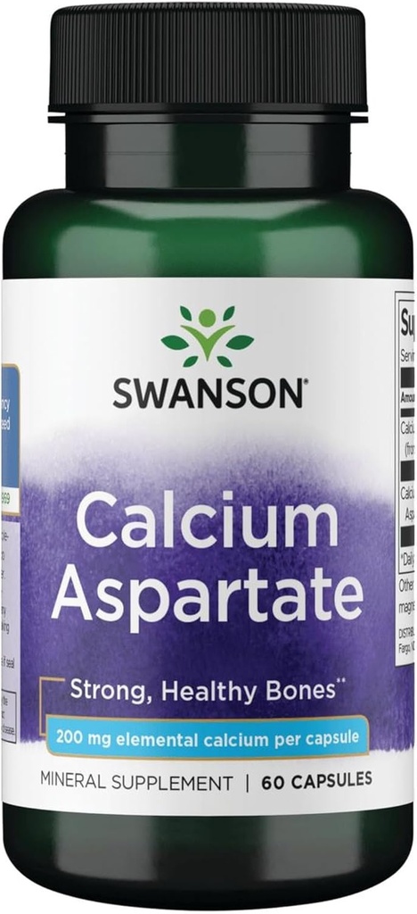 Swanson Calcium Aspartate - Suplemento Herbal Promoción de Hueso, Corazón, &amp; Muscle Health - Fórmula Natural Promoción del bienestar corporal total - (60 cápsulas-200 mg cada uno)