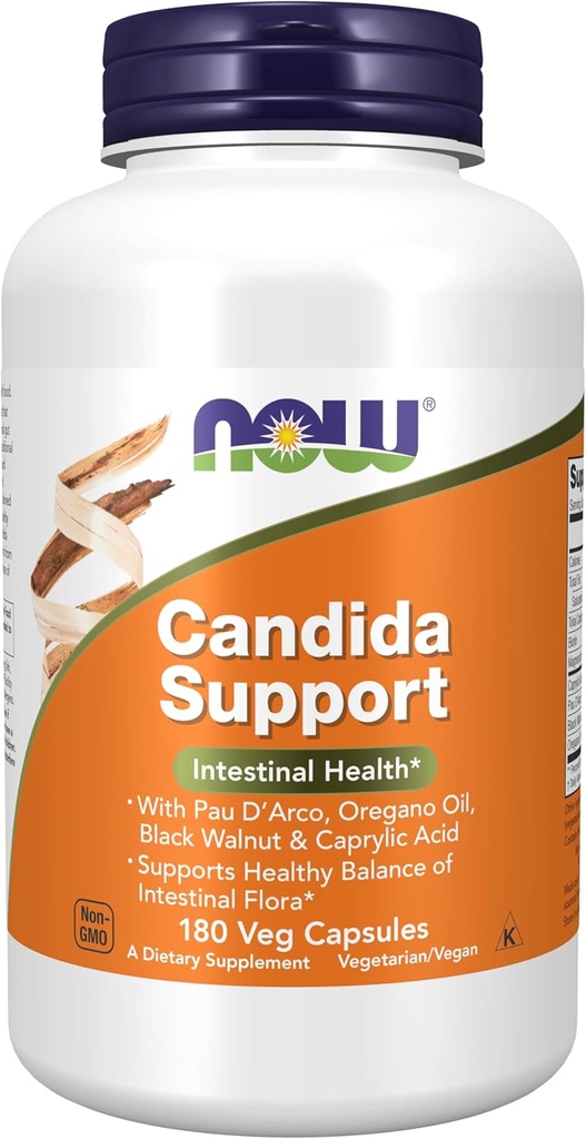NOW Supplements, Candida Support with Pau D'Arco, Oregano Oil, Black Walnut & Caprylic Acid, 180 Veg Capsules