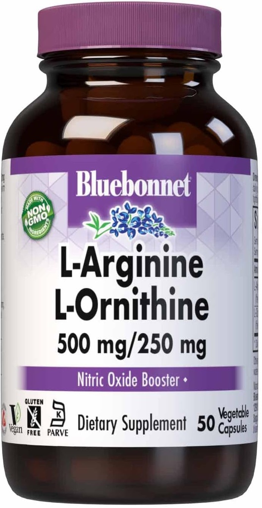 Bluebonnet Nutrition L-Arginine 500mg/L-Orinithine 250mg, Supports Protein Metabolism*, Soy-Free, Gluten-Free, Non-GMO, Kosher Certified, Vegan, 50 cápsulas vegetales, 50 piezas de servicio