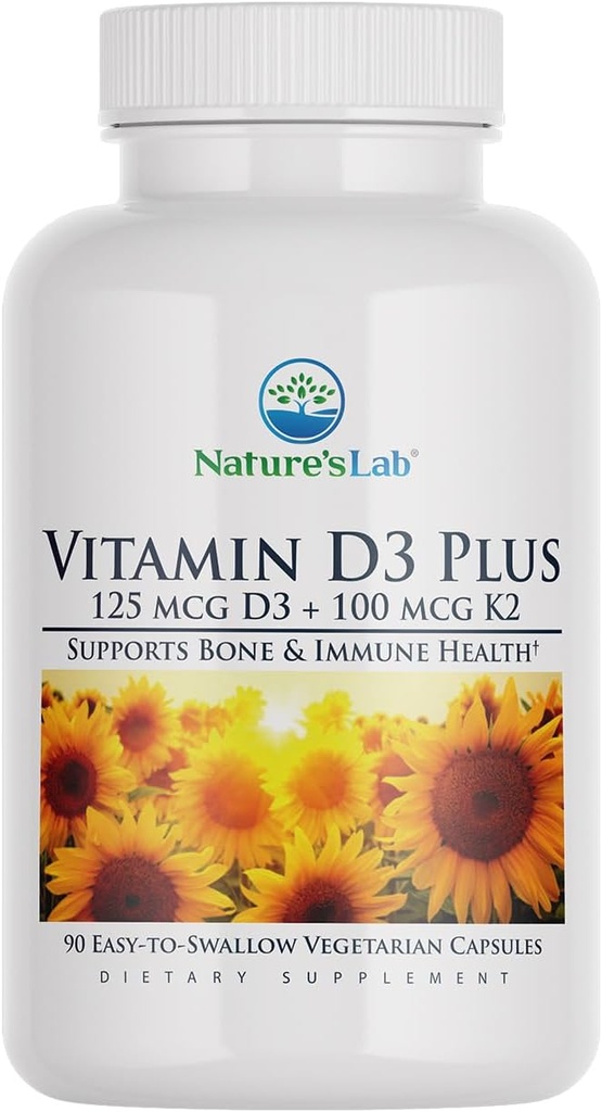 Lab Vitamina D3 Plus - Contiene vitaminas D3 y K2 (MK7) para soporte inmunitario, huesos saludables y salud cardiovascular* - Gluten Free, Non GMO - 90 cápsulas (3 Month Supply)