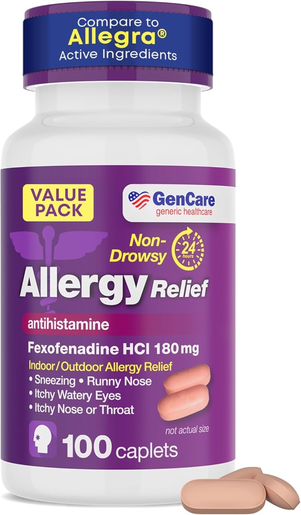 GenCare Alivio de la Alergia Pills - Fexofenadine 180mg 24 horas Medicina antihistamínica antihistamínica, Comparar con Allegra 24 horas Píldoras no somníferas para los ojos picantes, nariz de rubí, urticaria (100 cuenta)