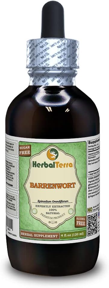 Barrenwort (Epimedium grandiflorum) Glycerite, Dried Leaves Alcohol-Free Liquid Extract (Marca: HerbalTerra, Proudly Made in USA) 4 fl.oz (120 ml)