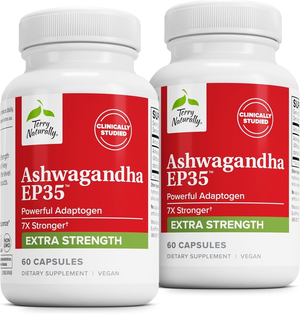 Terry Naturalmente Ashwagandha EP35 Extra Strength - Suplemento herbal para el apoyo al sueño - Respuesta de estrés saludable - Asistencia energética para la resistencia - 60 cápsulas (60 piezas)
