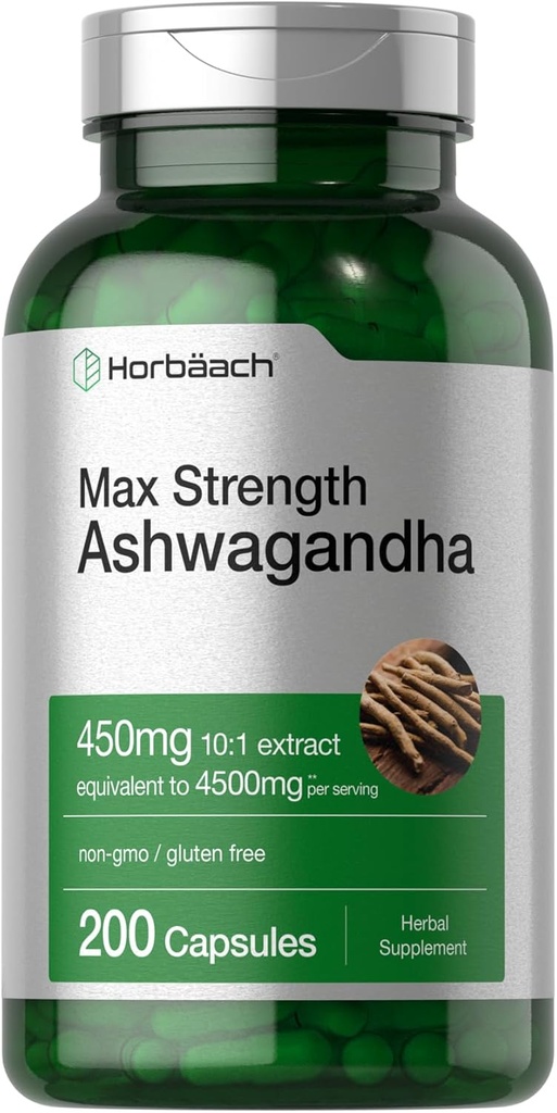 Horbäach Ashwagandha Suplemento Silencio Max Strength ← 200 Capsules Silencio para Mujeres y Hombres