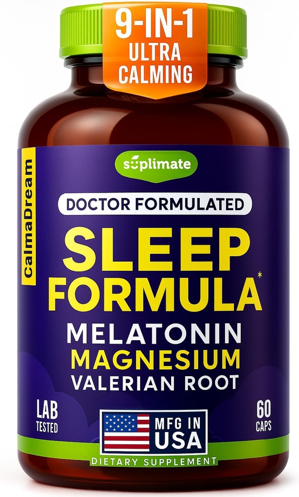 9-en-1 Melatonin Sleep Aid for Adults - USA Made, Lab Tested with Melatonin 5mg and 108mg Magnesium for Sleep - TRAACS, Ashwagandha, Valerian Root, GABA, 5HTP, Herbal Sleep Supplement, Vegan, 60 Caps