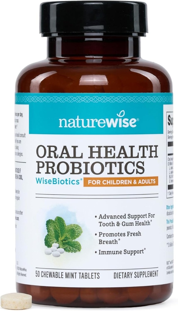 NatureWise Oral Probiotics for Mouth Bad Breath - Chewable Sugar-Free Mint - Lactobacillus reuteri Chewable - Oral Probiotics for Kids &amp; Adults - Non-GMO USA Manufactured - 50 Count[50-Day Supply]