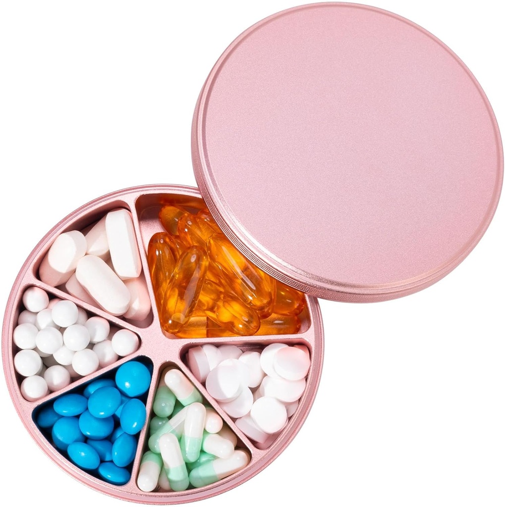Pill Organizer 6 Compartments Pill Dispenser - Heavy Duty Metal Daily Pill Container, Daily Pill Box Pill Holder, Waterproof Medication Case for Vitamin Supplement Medicine Fish Oils, 0.38lb, Pink