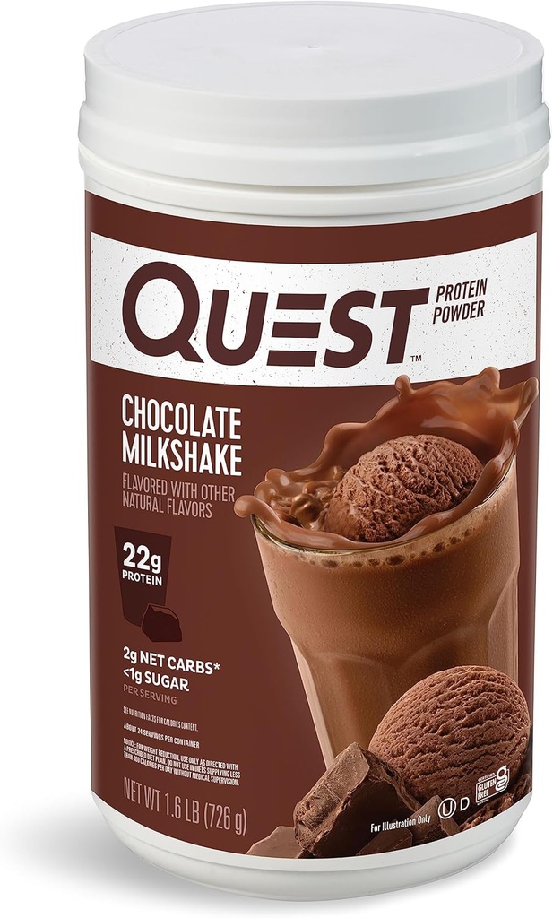 Quest Nutrition Chocolate Milkshake Protein Powder, 22g Protein, 2g Net Carbs, 1g Sugar, Low Carb, Gluten Free, 1.6 libras, 24 piezas