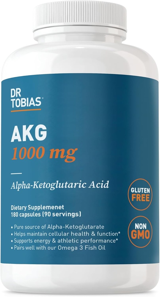 Dr. Tobias AKG Supplement 1000mg Por Serving, Bioavailable Alpha Ketoglutaric Acid, Supports Cellular Energy & Nitric Oxide Flow, Vegan, Gluten-Free, Non-GMO, 180 Capsules, 90 Servings