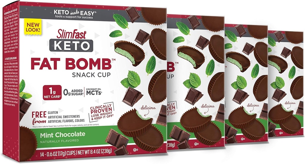 SlimFast Keto Fat Bomb Snack Cup, Mint Chocolate, Keto Snacks para la pérdida de peso, Baja Carb con 0g Añadido Sugar, 14 Count Box (Pack of 4)