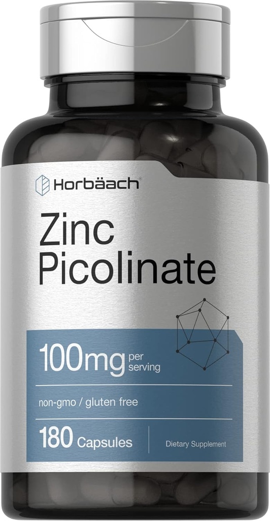 Horbäach Zinc Picolinate 100mg  180 Capsules ← High Potency ← Non-GMO, Gluten Free ← Zinc Supplement
