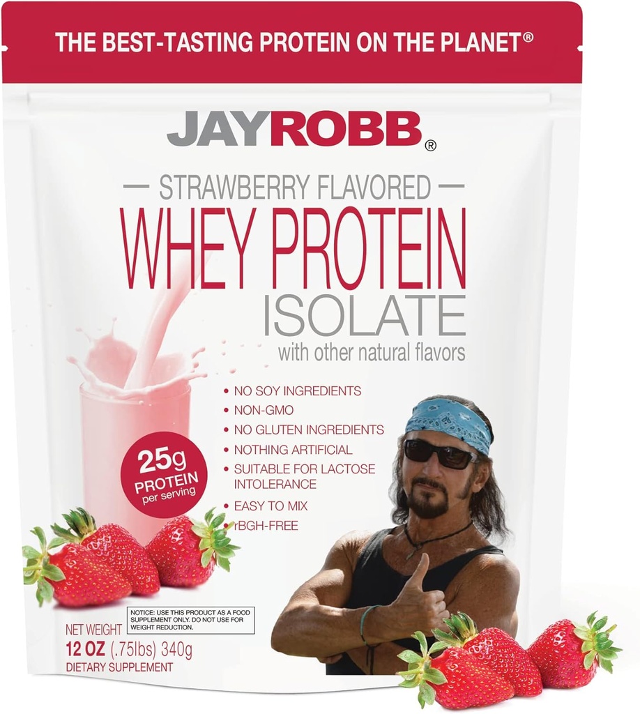 Jay Robb - Grass-Fed Whey Protein Isolate Powder, Outrageously Delicious, Strawberry, 11 Servings (12 oz)