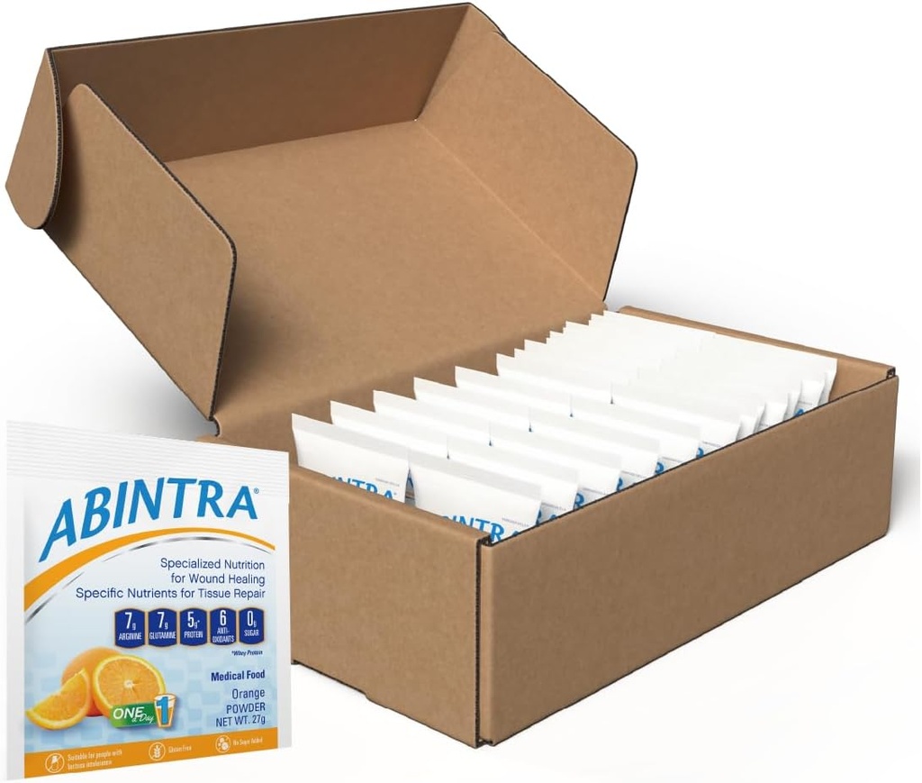 ABINTRA Suplemento Nutricional de Curación de Heridos Especializados incluye L-Arginina, L-Glutamina, Proteína Whey, Vitaminas y Minerales, Sabor Naranja, Hecho en EE.UU. - 30 Packets