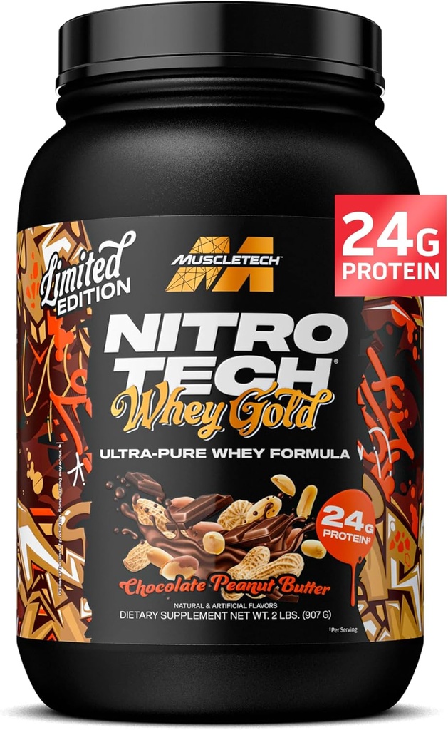 MuscleTech Whey Protein Powder (Chocolate Peanut Butter, 2LB) - Nitro-Tech Whey Protein Isolate Smoothie Mix para Lean Muscle & Fast Recovery - 24g de Whey Gold Protein para Hombres Mujer - Gluten-Free