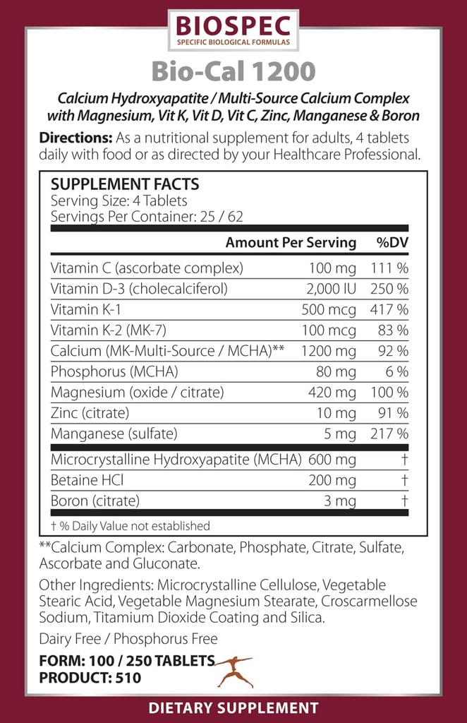 Bio-Cal 1200 – Superior Bone Support Complex w/ MCHA, Vitamin D3, Vitamin K2 (MK-7), Magnesium, Zinc, and Other Nutrients