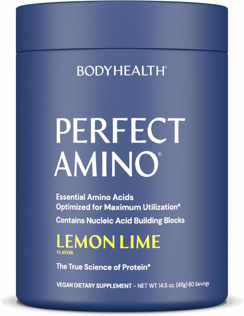 BodyHealth PerfectAmino Powder - BCAA and EAA Powder for Pre and Post Workout - Amino Acid Energy Drink for Hombres and Women to Support Lean Muscle and Recovery - Lemon Lime - 60 Servings