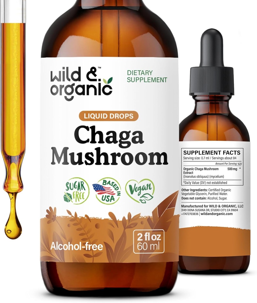 Wild &amp; Organic Chaga Mushroom Tintura - Immune Support with Chaga Mushroom Extract Liquid - Immunity Drops Supplement - Vegan, Sugar &amp; Alcohol-Free - 2 fl oz