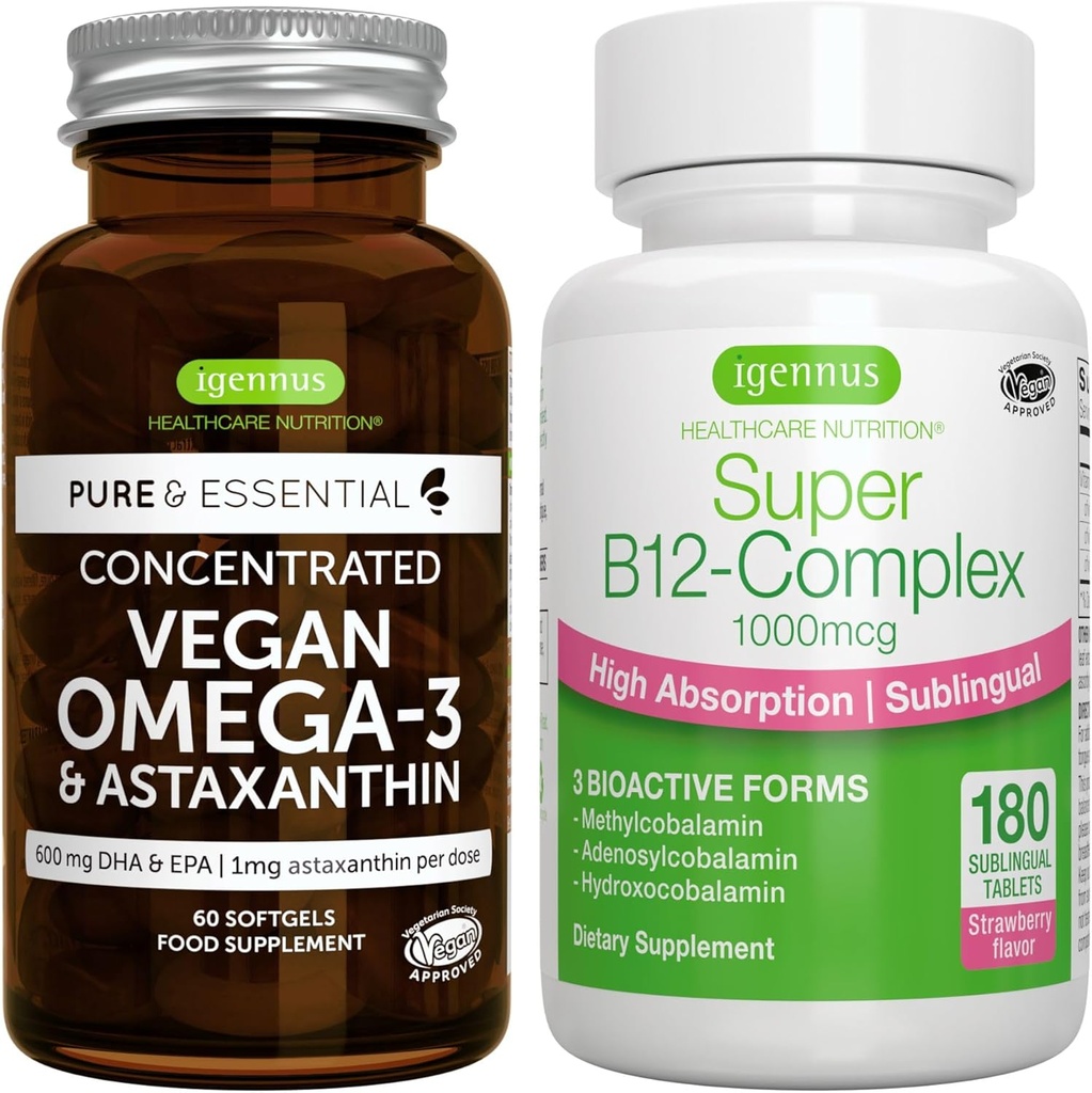 Vegan Omega-3 + Super B12-Complex 1000mcg Vegan Bundle, EPA sostenible & DHA Algae Oil 1340mg + alta absorción Sublingual Vitamina B12 Con Methylcobalamin, Adenosylcobalamin & Hydroxocobalamin, por I