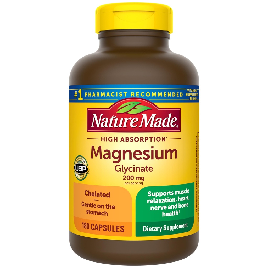 Nature Made Magnesium Glycinate 200 mg por porción, Suplemento Magnesio para Muscle, Heart, Nerve y Bone Support, 180 Magnesium Bisglycinate Capsules, 90 Day Supply