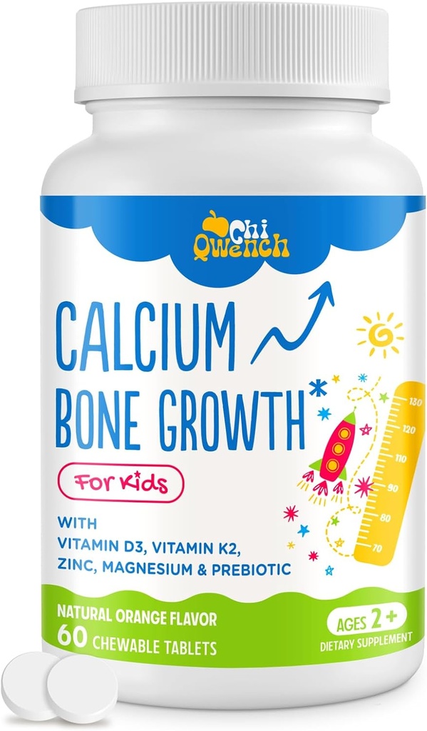 500 MG Suplemento de calcio con vitamina D3 " K2, zinc, magnesio " . Vitaminas para niños para niños. Fuerza de bonificación, Absorción Alta, Chewables Naranjas, No GMO, Gratuito de 60 Tabs