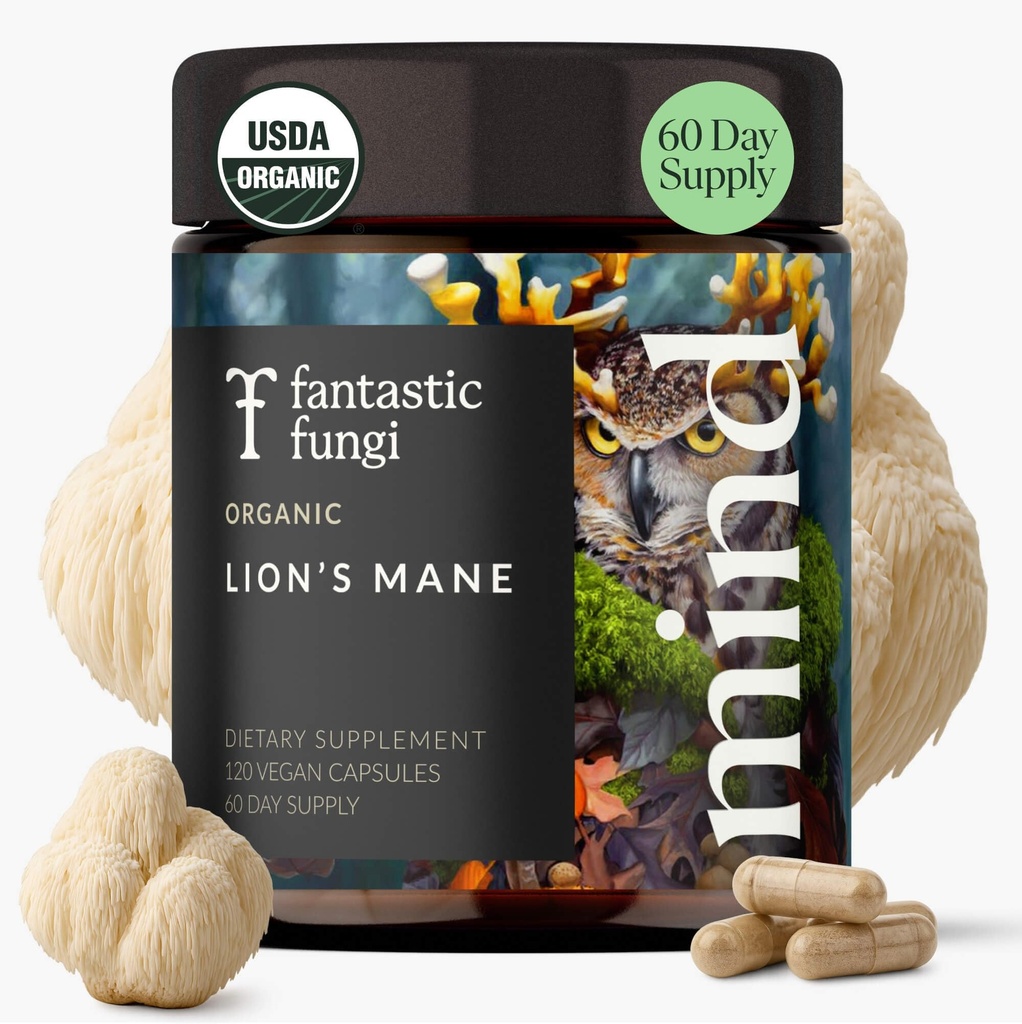 Lions Mane Suplemento capsules, Lion's Mane Mushroom Suplemento para la memoria, Focus &amp; Mood support, Adaptogen Funal Mushrooms Extract - 100% USDA Organic, Vegan- Glass Jar, 120 Caps, 2 Month Supply