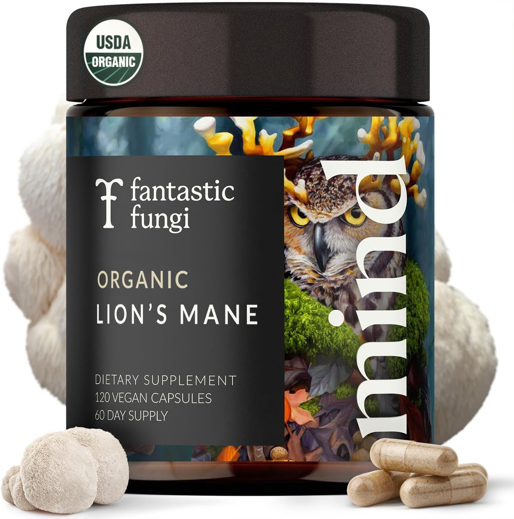 Lions Mane Suplemento capsules, Lion's Mane Mushroom Suplemento para la memoria, Focus &amp; Mood support, Adaptogen Funal Mushrooms Extract - 100% USDA Organic, Vegan- Glass Jar, 120 Caps, 2 Month Supply