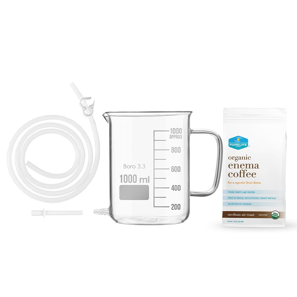 Kit de enema de café puro - 1 cuna de enema de vidrio no tóxico - para la limpieza de colon - Enemas caseros - Detox hígado para la terapia de Gerson - 1/2 Lb Café de enema orgánico - laboratorio probado