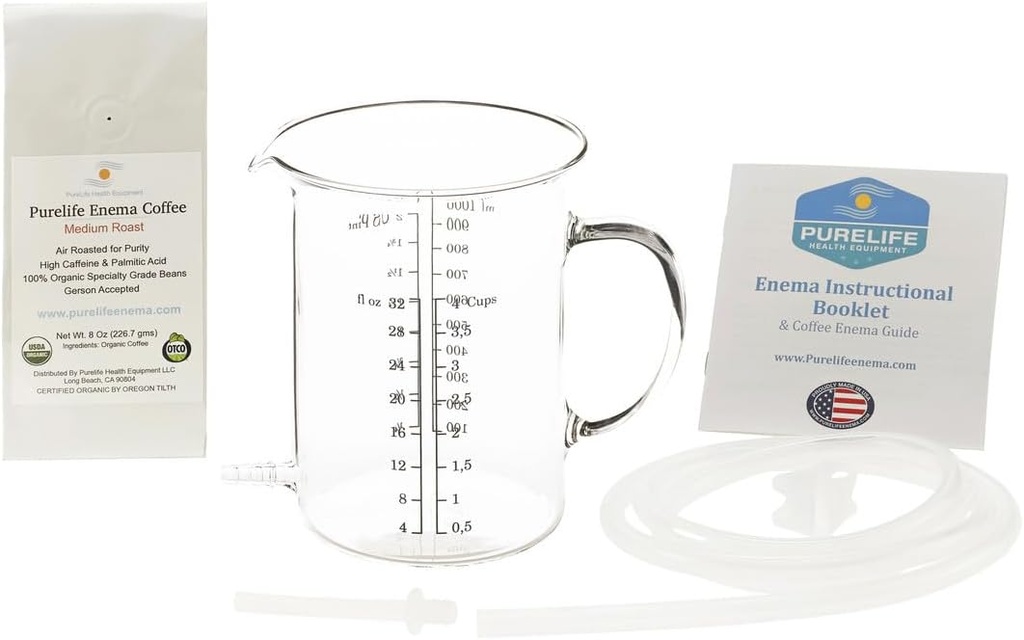 Purelife Coffee Enema Kit - 1 Qt Non Toxic Glass Enema Bucket - for Colon Cleansing - Home Enemas - Liver Detox for Gerson Therapy - 1/2 Lb Organic Enema Coffee - Lab Tested