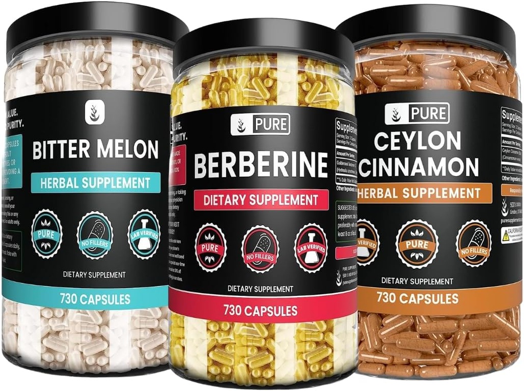 Ingredientes originales puros Berberine, Bitter Melon y Ceylon Cinnamon Capsules Bundle (730 capsules) No Magnesium o Rice Fillers