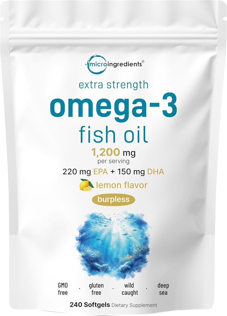 Micro Ingredientes Extra Strength Omega 3 Fish Oil Suplementos 1,200mg Por Serving, 240 Softgels TEN Lemon Flavored ANTE Burpless ANTE Essential Fatty Acids ← EPA 220mg + DHA 150mg ← Deep Sea Fish Fish Fish