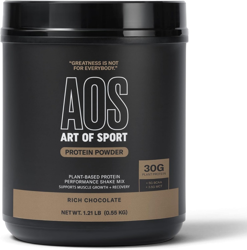 Art of Sport 30g Protein Powder, Chocolate, Protein for Athletes, Plant Based, Dairy &amp; Gluten Free, 0g Sugar, 5g BCAA, 3.5g MCT, 1.21lb tub