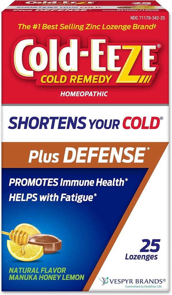 Cold-Eeze Plus Defense Natural Manuka Honey Lemon Zinc Lozenges, Homeopathic Cold Remedy, Shortens Common Cold Symptoms, Promotes Immune Health, Sambucus Nigra, Echinacea y Rose HIPS, 25 Ct.