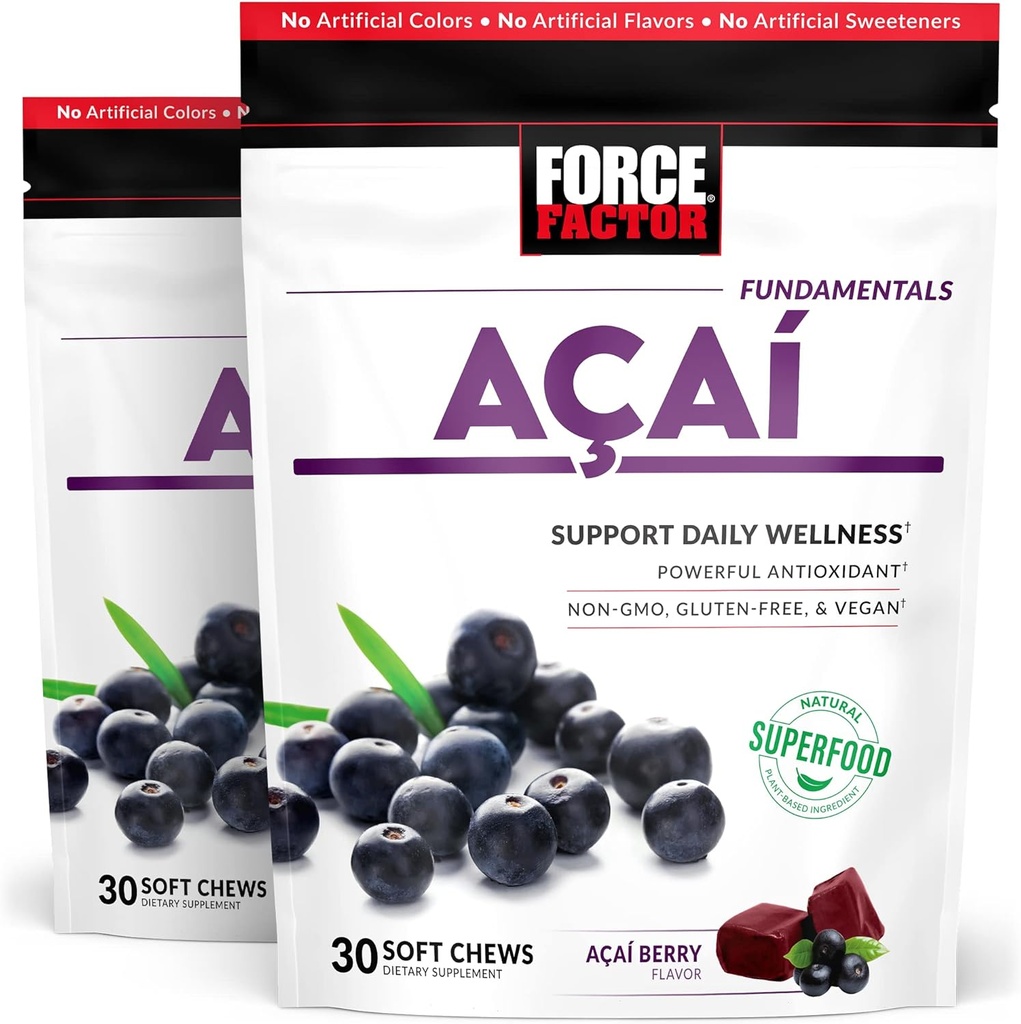Factor de fuerza Acai Soft Chews for Immune Support, Oxidative Stress Defense, Superfood and Antioxidants Supplement, Non-GMO, Gluten-Free, and Vegan, Acai Berry Flavor, 30 Soft Chews, 2-Pack