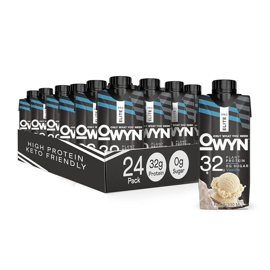 OWYN Pro Elite Vegan Plant-Based High Protein Shake, Vanilla, 24-Pack, 32g Plant Protein, Prebiotics, Superfoods Greens for Workout and Recovery, 0g Net Carbs, Zero Sugar, Keto (24 Pack)